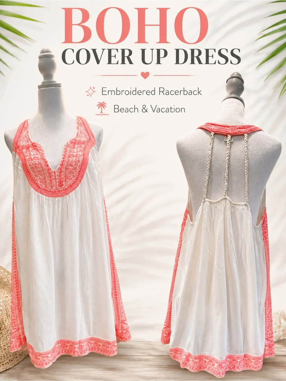 Boho Embroidered Swim Cover Up Dress Tunic Racerback Beach